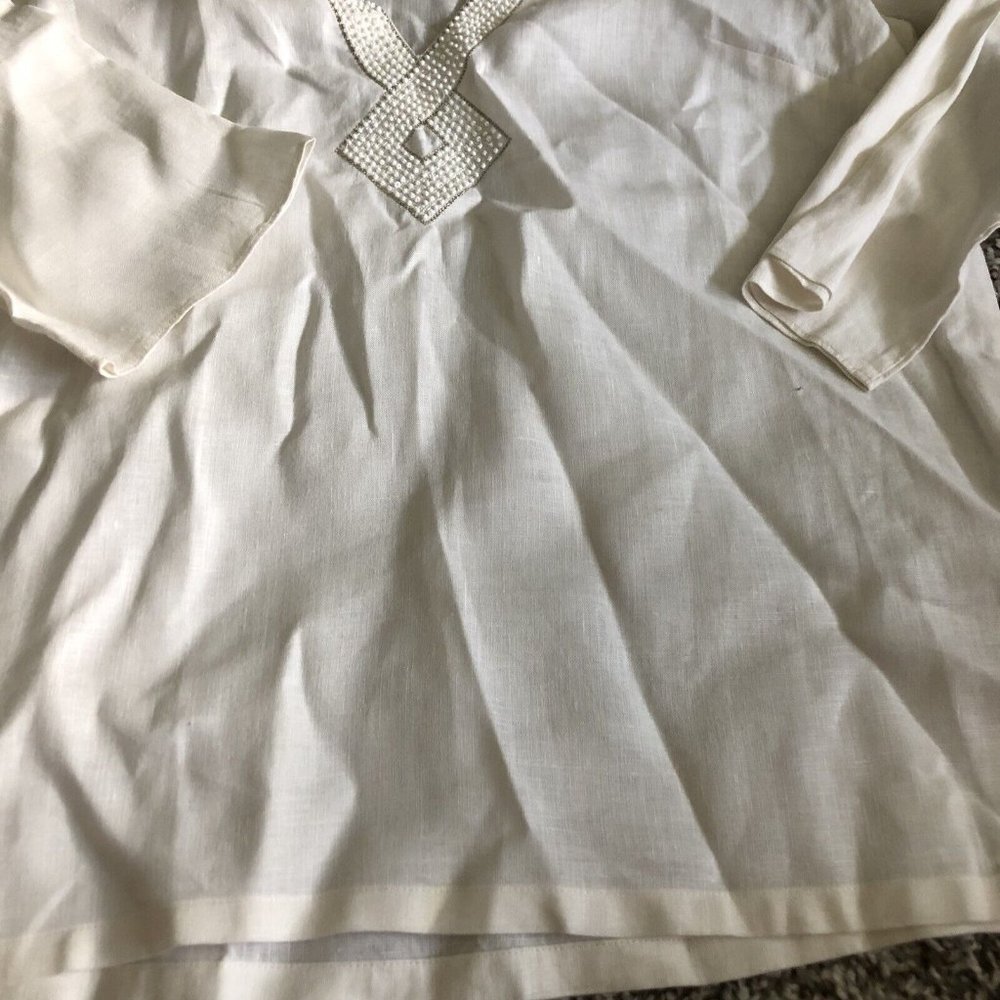 Ann Taylor Off White Beaded 100% Linen Long Sleeve V Neck Popover Tunic Top SZ 4 - Picture 2 of 8